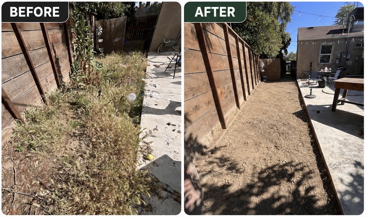 Before and after fence-line weed and yard debris cleanup completed by LAINA near Modesto